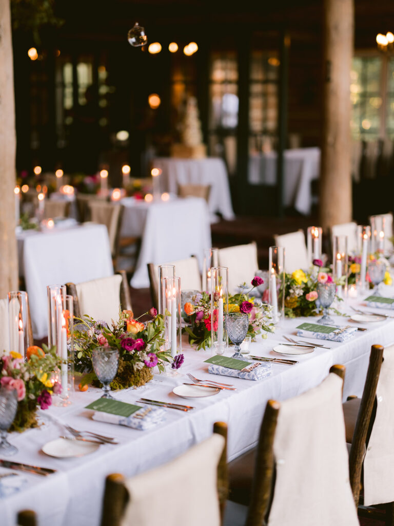 colorful tablescape design for Beano's Cabin wedding reception