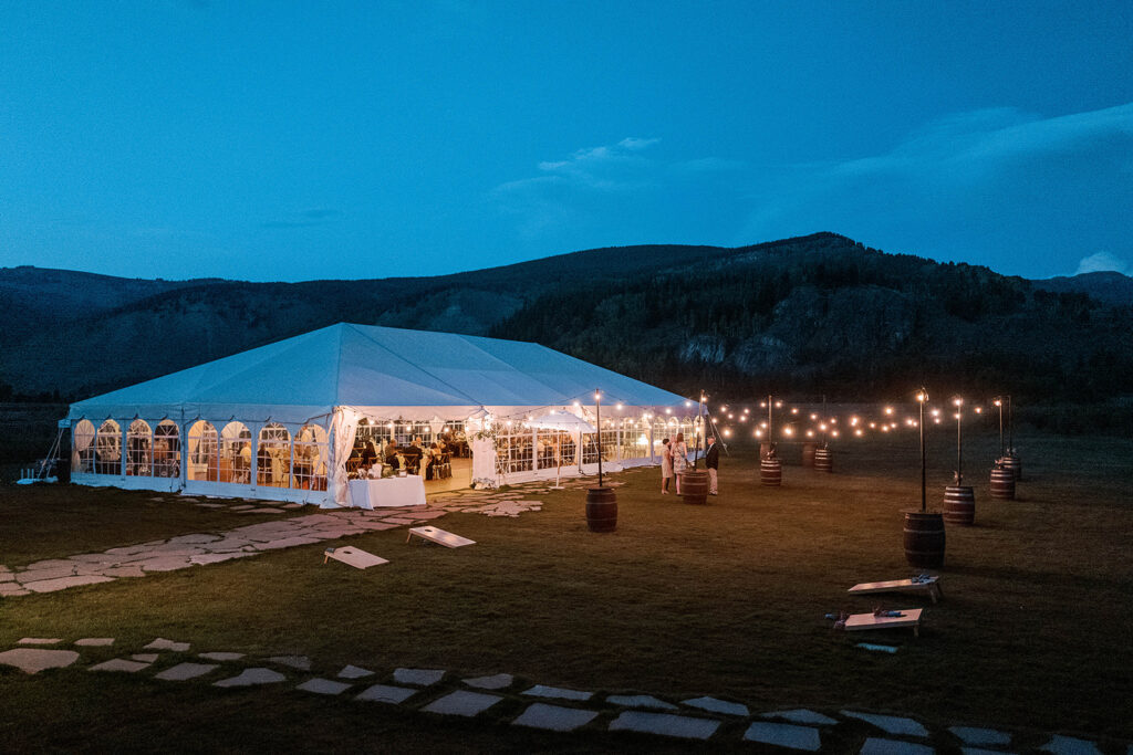 Camp Hale wedding reception tent at night
