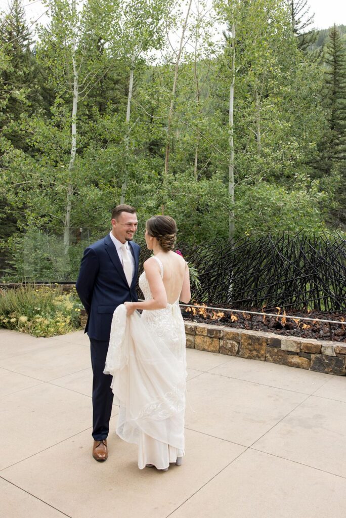 Bride and groom have first look at Colorado wedding